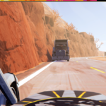 Screenshot of a mountain road from the game Road 96, showing a motorcycle view ahead of a truck on a winding path.