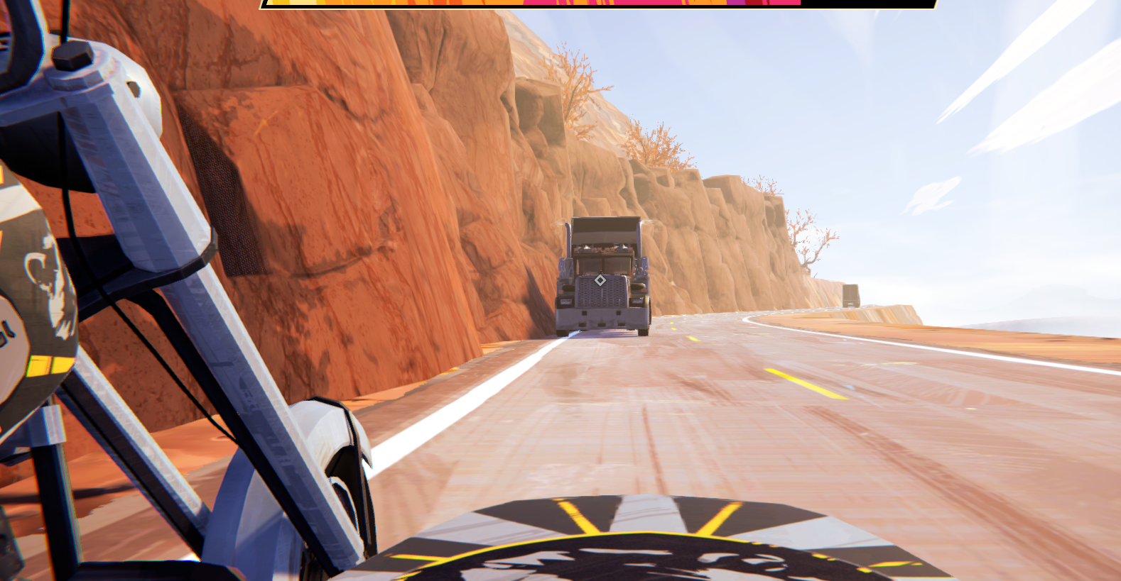 Screenshot of a mountain road from the game Road 96, showing a motorcycle view ahead of a truck on a winding path.