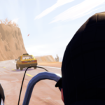 Two characters with dark hats looking towards a yellow taxi on a winding road surrounded by hills.