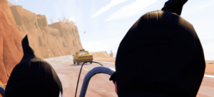 Two characters with dark hats looking towards a yellow taxi on a winding road surrounded by hills.