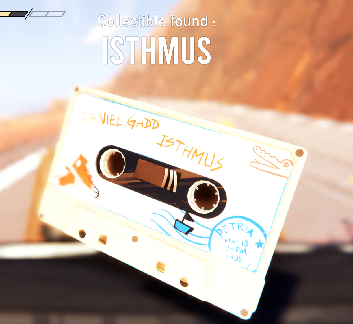 A cassette tape labeled "Daniel Gadd ISTHMUS" is displayed, with a scenic background from the game Road 96.