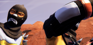 Close-up of two characters wearing masks and armor in a desert setting.