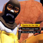 Character in a mask expresses excitement about a ride on a bike.