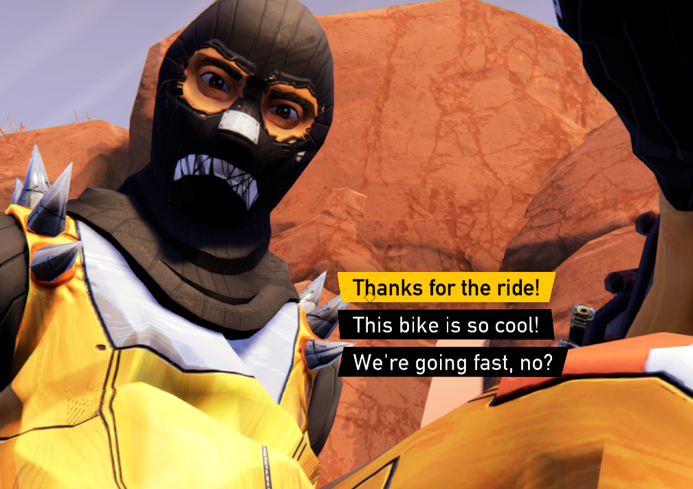 Character in a mask expresses excitement about a ride on a bike.