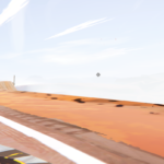 A curving road along a rocky cliff under a bright sky in the game Road 96.