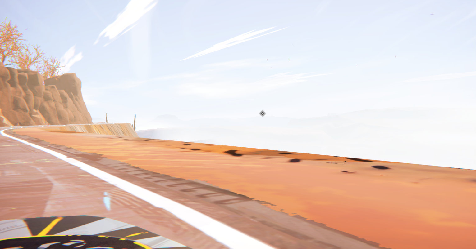 A curving road along a rocky cliff under a bright sky in the game Road 96.