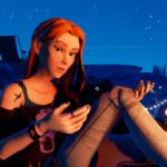 Character sitting with legs crossed, speaking, against a night sky background with lights in the distance.