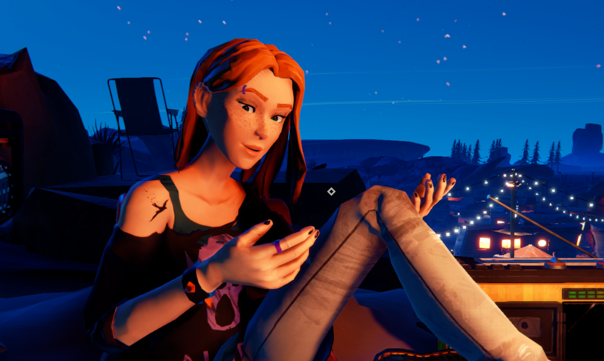 Character sitting with legs crossed, speaking, against a night sky background with lights in the distance.