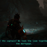 A character in a dark, rocky environment speaks about loan obligations.