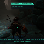 Screenshot from "The Gunk" featuring a character discussing their concerns about alien storm damage while exploring a rocky area.