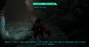 Screenshot from "The Gunk" featuring a character discussing their concerns about alien storm damage while exploring a rocky area.