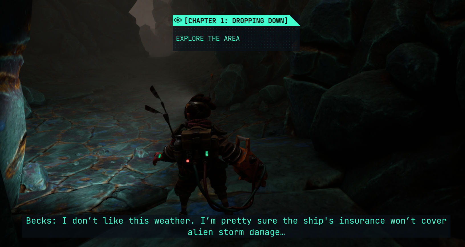 Screenshot from "The Gunk" featuring a character discussing their concerns about alien storm damage while exploring a rocky area.