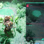 A character stands near a glowing pool surrounded by plants, with a HUD displaying data analysis.