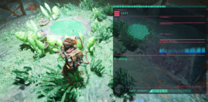 A character stands near a glowing pool surrounded by plants, with a HUD displaying data analysis.