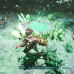 A character in a lush, vibrant environment exclaims, "Woah! It's beautiful!" while standing near a glowing pool.