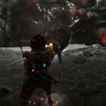 A character in a game stands facing a large, slimy creature with glowing red orbs.