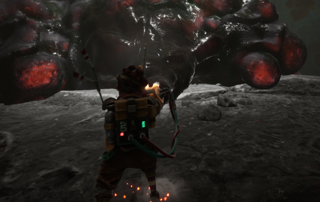 A character in a game stands facing a large, slimy creature with glowing red orbs.