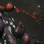 A character in a sci-fi environment interacts with large, glowing organic formations.