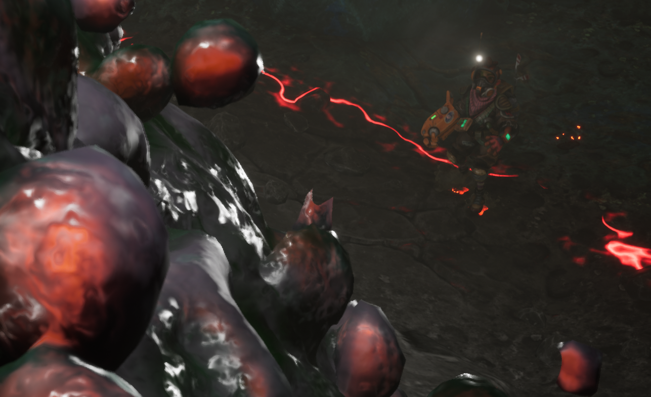 A character in a sci-fi environment interacts with large, glowing organic formations.