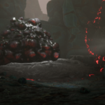 A character approaches a large, globby mass with red orbs surrounded by rocky terrain and glowing elements.