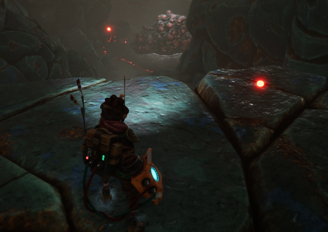 Character standing on a rocky surface, observing glowing red dots in a dark, cavernous environment.