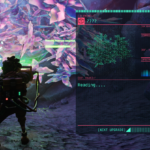 A character in a sci-fi environment interacts with glowing crystals while a data analysis screen displays information.