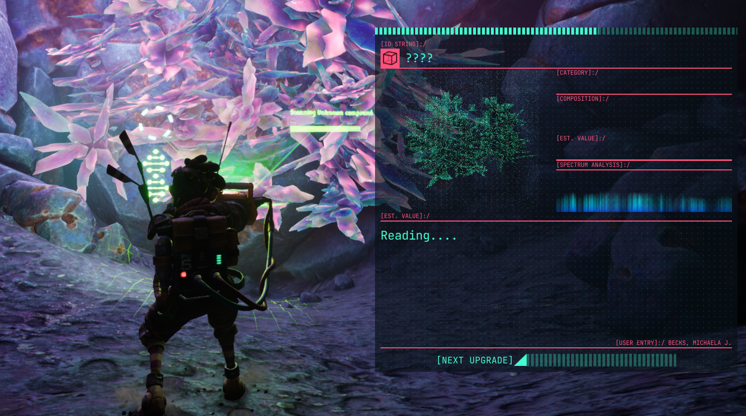 A character in a sci-fi environment interacts with glowing crystals while a data analysis screen displays information.