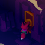 A small fox character stands in front of a colorful door in a dark, rocky environment.