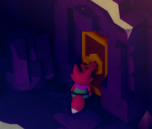 A small fox character stands in front of a colorful door in a dark, rocky environment.