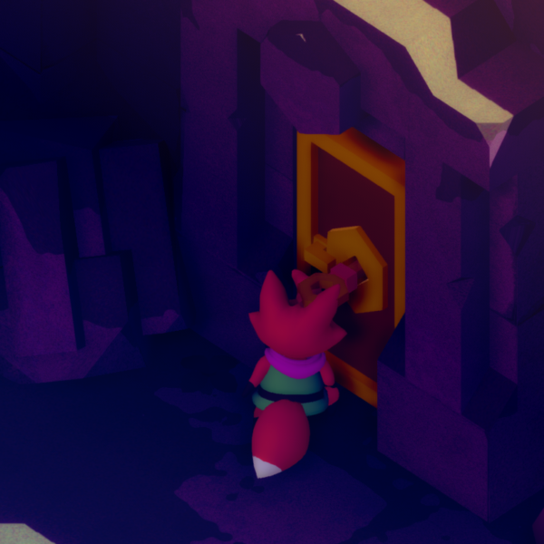 A small fox character stands in front of a colorful door in a dark, rocky environment.