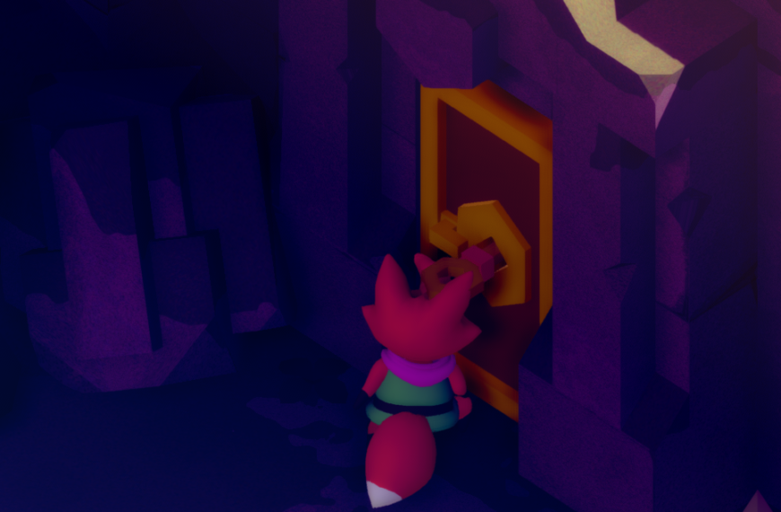 A small fox character stands in front of a colorful door in a dark, rocky environment.