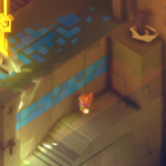 A small fox character stands on a ledge next to a glowing pedestal in a colorful, stylized environment from the game Tunic.