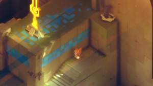 A small fox character stands on a ledge next to a glowing pedestal in a colorful, stylized environment from the game Tunic.