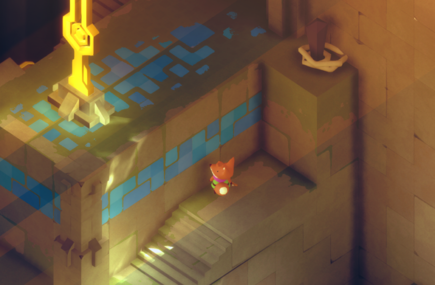 A small fox character stands on a ledge next to a glowing pedestal in a colorful, stylized environment from the game Tunic.