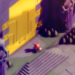 A fox character stands in front of a large golden door, surrounded by stylized rocks and trees in a colorful environment.