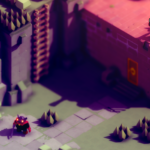 A top-down view of a colorful game environment with a character in a red cloak and a small creature on a rooftop.