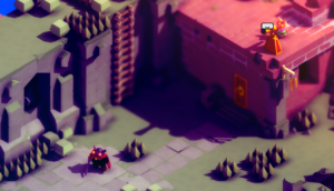 A top-down view of a colorful game environment with a character in a red cloak and a small creature on a rooftop.