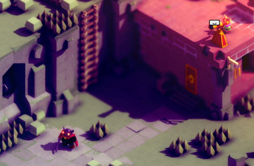 A top-down view of a colorful game environment with a character in a red cloak and a small creature on a rooftop.