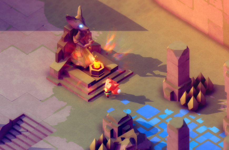 A small fox character approaches a statue with a glowing object beside it in a colorful, stylized landscape.