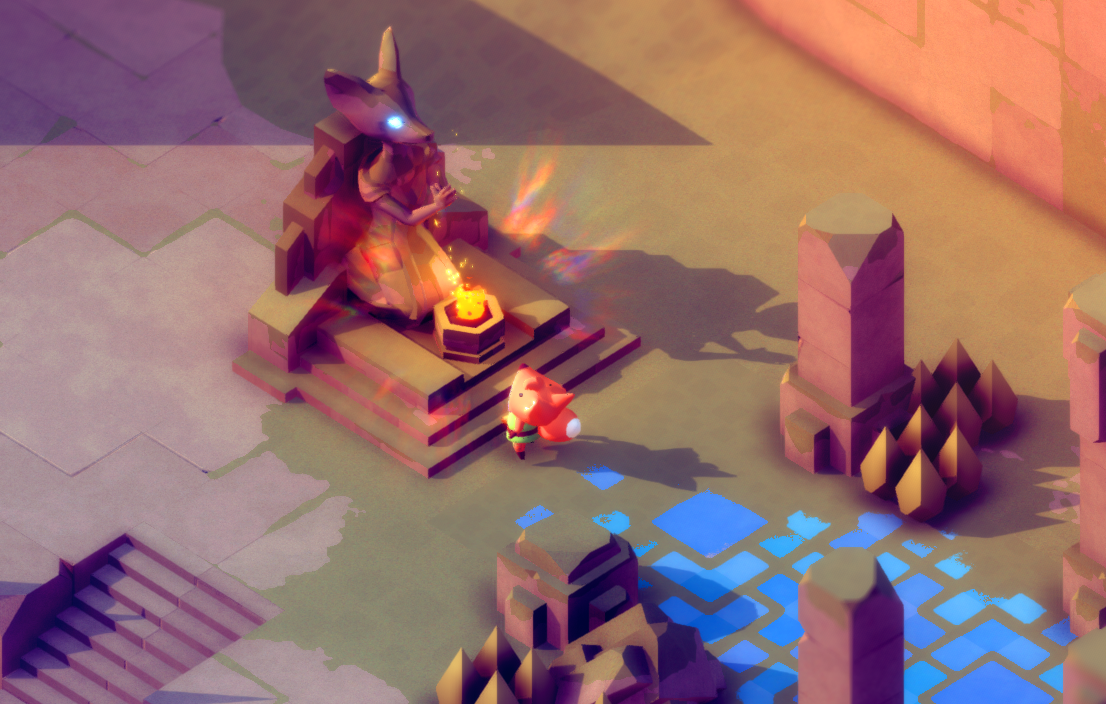 A small fox character approaches a statue with a glowing object beside it in a colorful, stylized landscape.