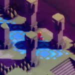 A small fox character explores an ancient, mystical environment with stone pillars and glowing blue paths.