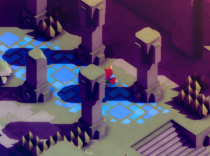 A small fox character explores an ancient, mystical environment with stone pillars and glowing blue paths.