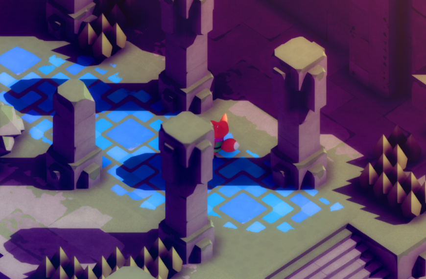 A small fox character explores an ancient, mystical environment with stone pillars and glowing blue paths.