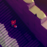 A small fox-like character standing on steps near a treasure chest in a vibrant, stylized landscape.