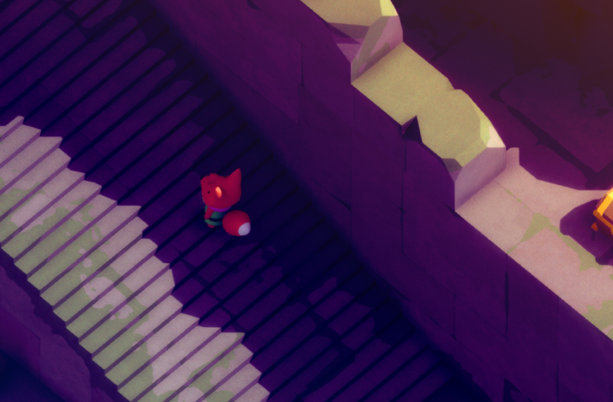 A small fox-like character standing on steps near a treasure chest in a vibrant, stylized landscape.