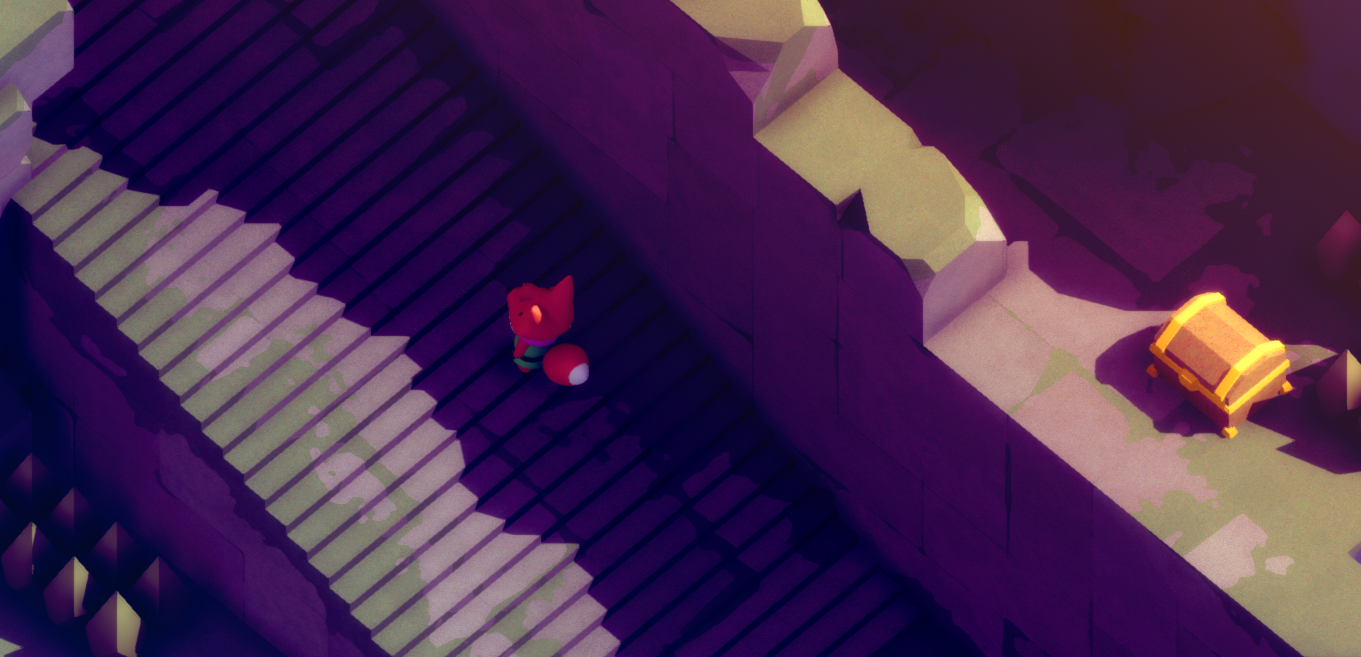 A small fox-like character standing on steps near a treasure chest in a vibrant, stylized landscape.