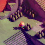 A small fox character standing near triangular trees and stairs in a colorful, stylized landscape.