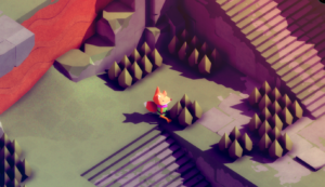 A small fox character standing near triangular trees and stairs in a colorful, stylized landscape.