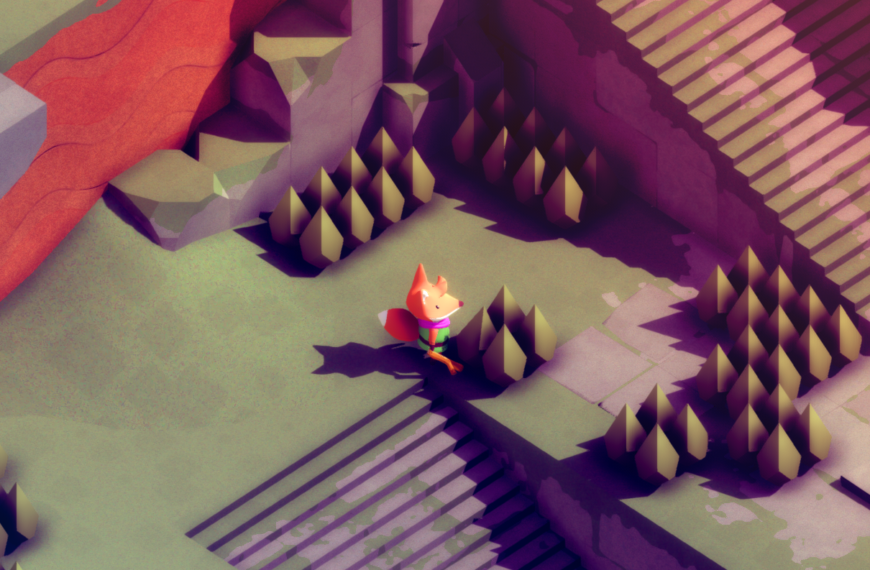 A small fox character standing near triangular trees and stairs in a colorful, stylized landscape.