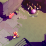 A small fox character approaches a round, pink creature in a stylized landscape with stairs and rocks.